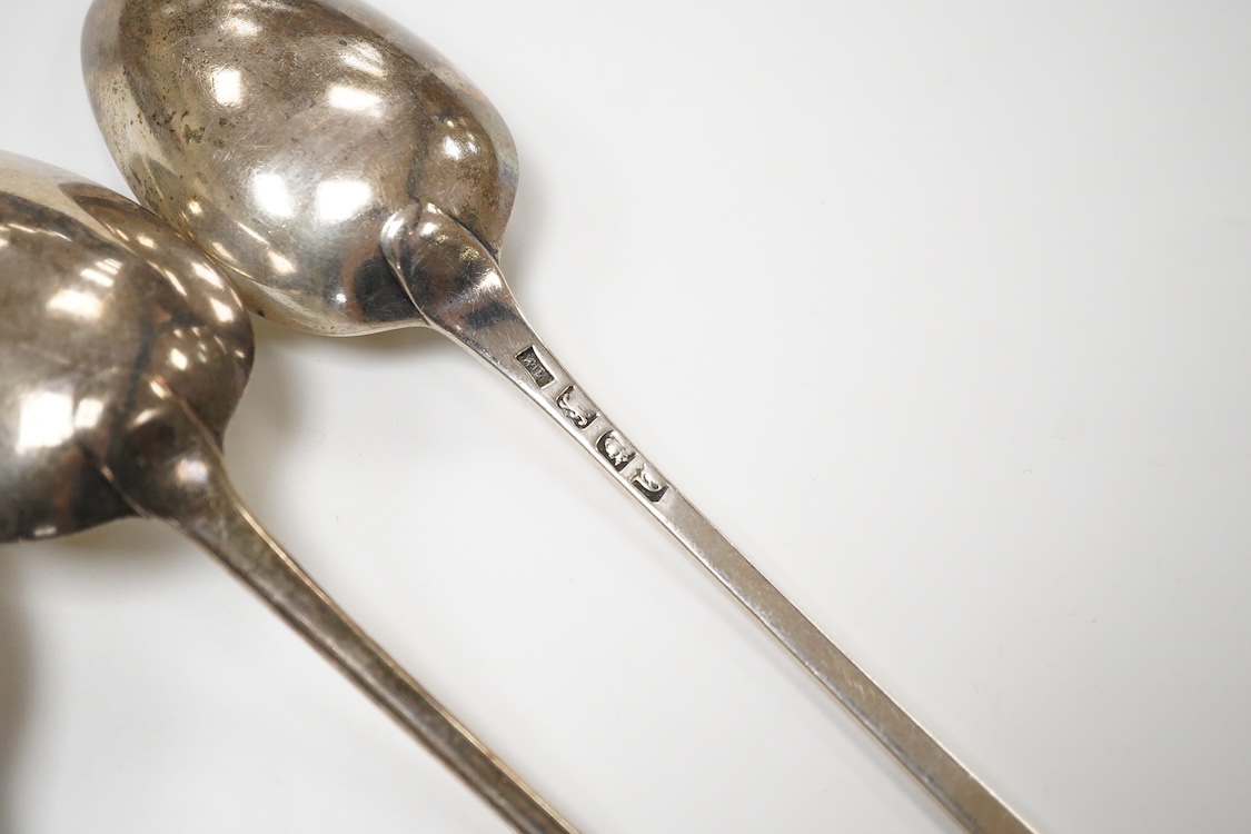 Three George III silver old English pattern basting spoons, William Fearn, London, 1776, Robert Gaze, London 1801 and Eley & Fearn London 1805, longest approx. 29.5cm, 9.9oz.